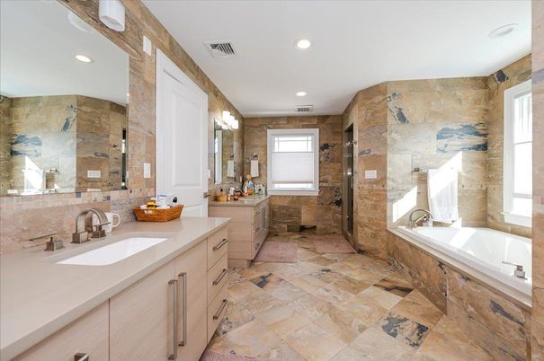 Bathroom, Dual Sink Vanities, Glass Shower, Interior, Recessed Lighting, Stone Walls
