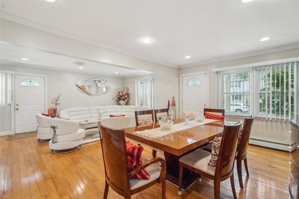 Dining room, Interior, Living room, Recessed Lighting, Wood Texture Flooring