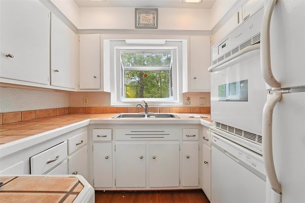 Interior, Kitchen, Tile Countertops, Wood Texture Flooring