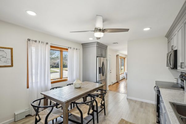 Dining room, Interior, Kitchen, Recessed Lighting, Stainless Steel Appliances, Wood Texture Flooring