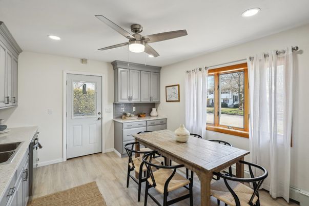 Dining room, Interior, Recessed Lighting, Wood Texture Flooring