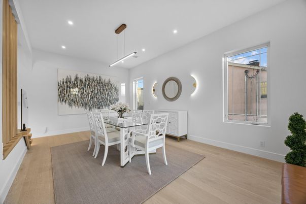 Dining room, Interior, Pendant Lights, Recessed Lighting, Wood Texture Flooring