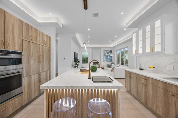 Interior, Kitchen, Living room, Marble Walls, Recessed Lighting, Stainless Steel Appliances, Wood Texture Flooring
