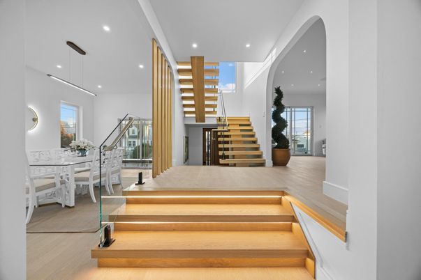 Dining room, Interior, Pendant Lights, Recessed Lighting, Wood Texture Flooring