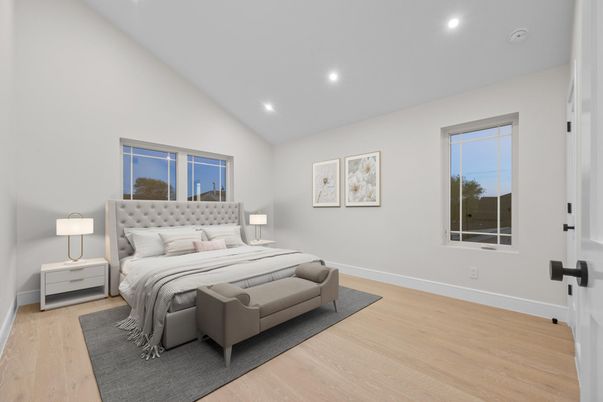 Bedroom, Interior, Recessed Lighting, Wood Texture Flooring