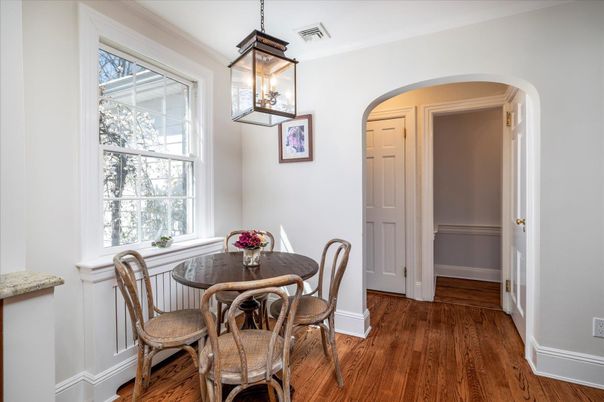 Dining room, Interior, Pendant Lights, Wood Texture Flooring