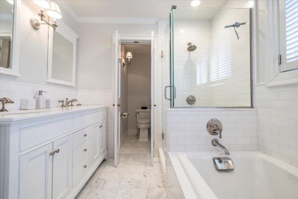 Bathroom, Dual Sink Vanities, Glass Shower, Interior, Marble, Recessed Lighting