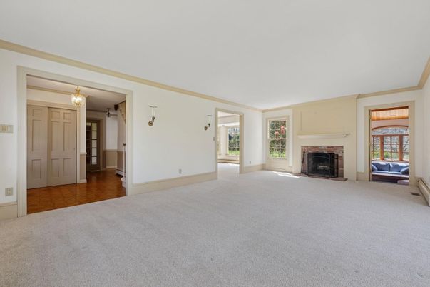 Chandelier, Empty room, Fireplace, Interior