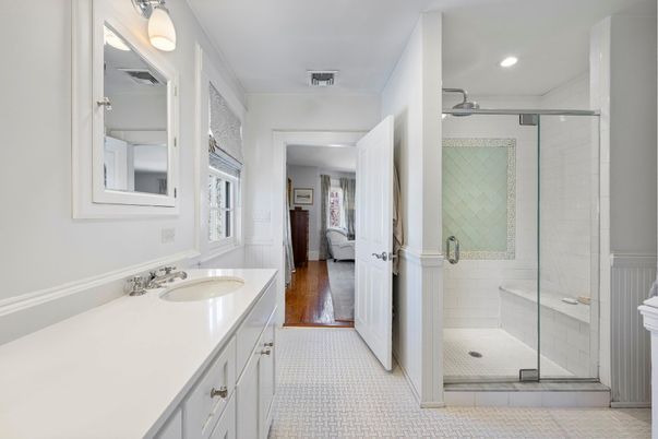 Bathroom, Dual Sink Vanities, Glass Shower, Interior, Recessed Lighting, Wood Texture Flooring