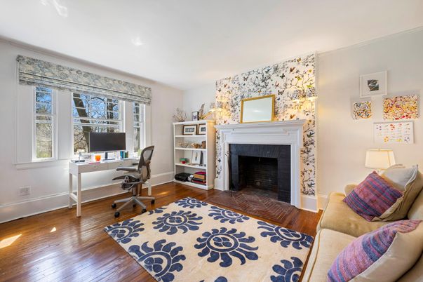 Fireplace, Home Office, Interior, Wood Texture Flooring