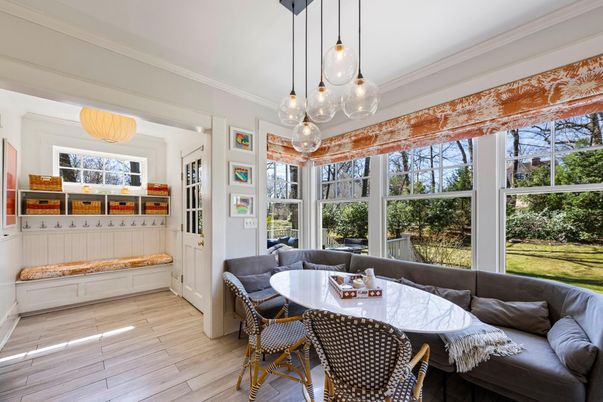 Dining room, Interior, Pendant Lights, Wood Texture Flooring