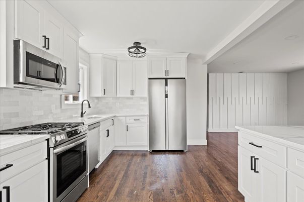 Interior, Kitchen, Recessed Lighting, Stainless Steel Appliances, Wood Texture Flooring