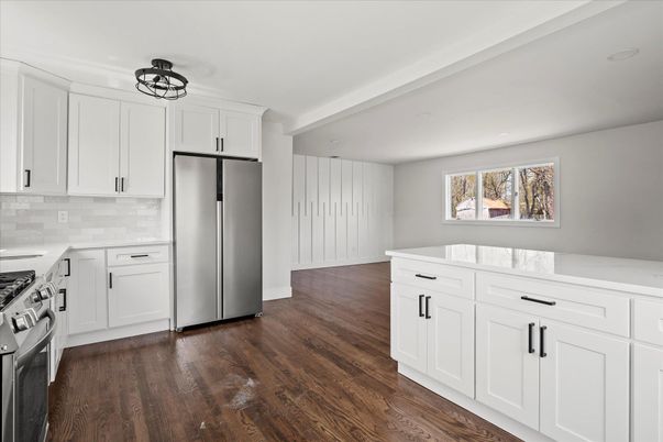 Interior, Kitchen, Recessed Lighting, Stainless Steel Appliances, Wood Texture Flooring