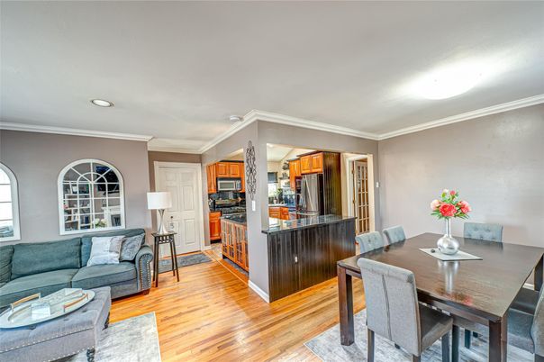 Dining room, Interior, Kitchen, Living room, Recessed Lighting, Wood Texture Flooring