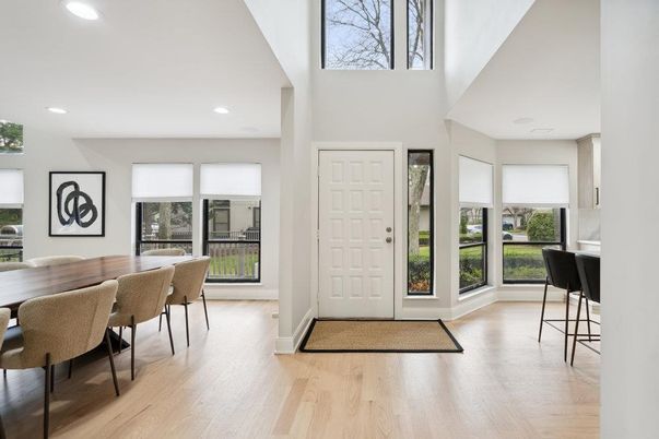 Dining room, Interior, Recessed Lighting, Wood Texture Flooring