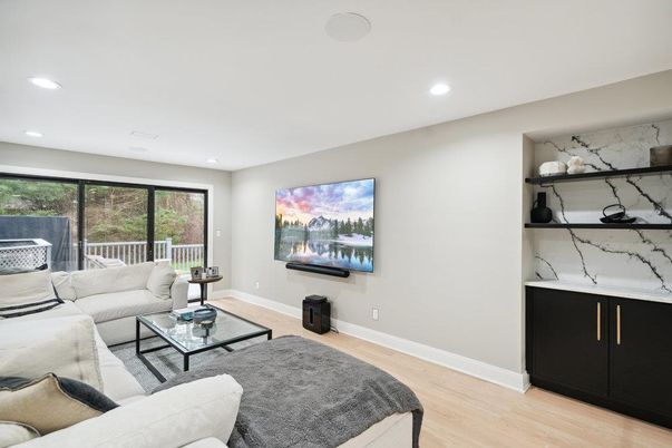 Interior, Living room, Marble Walls, Recessed Lighting, Wood Texture Flooring
