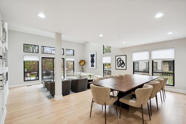 Dining room, Interior, Living room, Recessed Lighting, Wood Texture Flooring