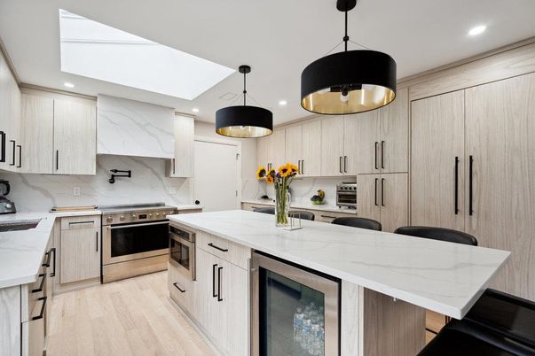 Interior, Kitchen, Marble Walls, Pendant Lights, Recessed Lighting, Stainless Steel Appliances, Wood Texture Flooring