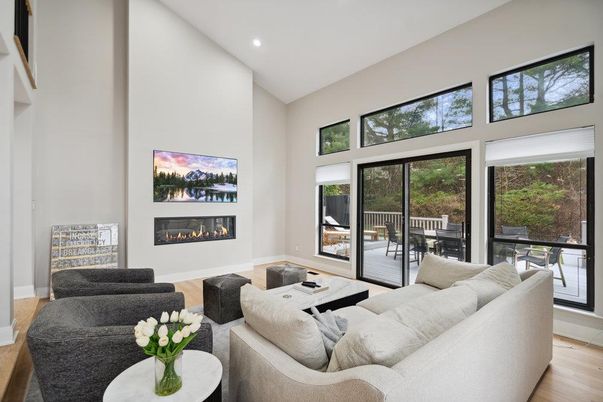Fireplace, Interior, Living room, Recessed Lighting, Wood Texture Flooring