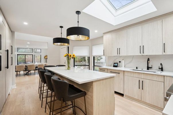 Dining room, Interior, Kitchen, Marble Walls, Pendant Lights, Recessed Lighting, Wood Texture Flooring