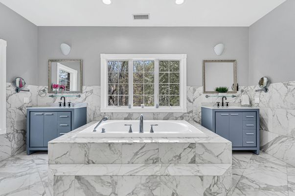Bathroom, Dual Sink Vanities, Interior, Marble, Marble Walls, Recessed Lighting