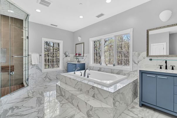 Bathroom, Glass Shower, Interior, Marble, Recessed Lighting