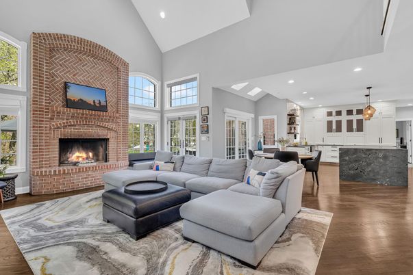 Dining room, Fireplace, Interior, Kitchen, Living room, Pendant Lights, Recessed Lighting, Stone Walls, Wood Texture Flooring