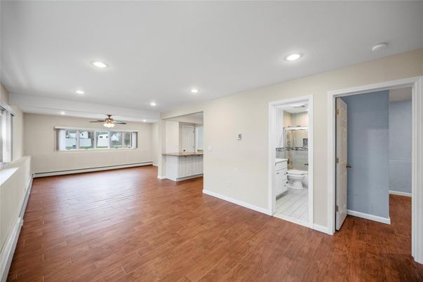 Bathroom, Empty room, Interior, Recessed Lighting, Wood Texture Flooring