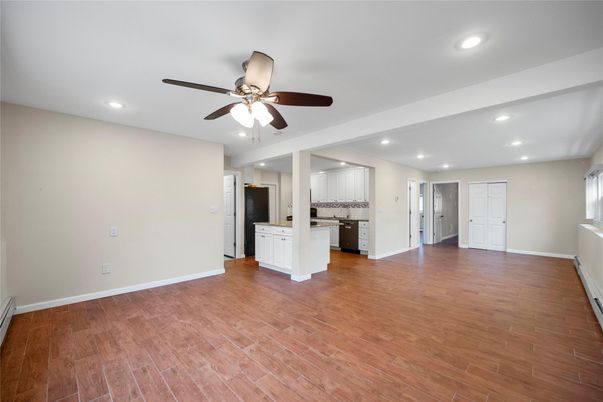 Empty room, Interior, Kitchen, Recessed Lighting, Wood Texture Flooring