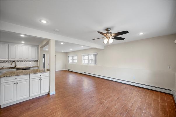 Empty room, Interior, Kitchen, Recessed Lighting, Wood Texture Flooring