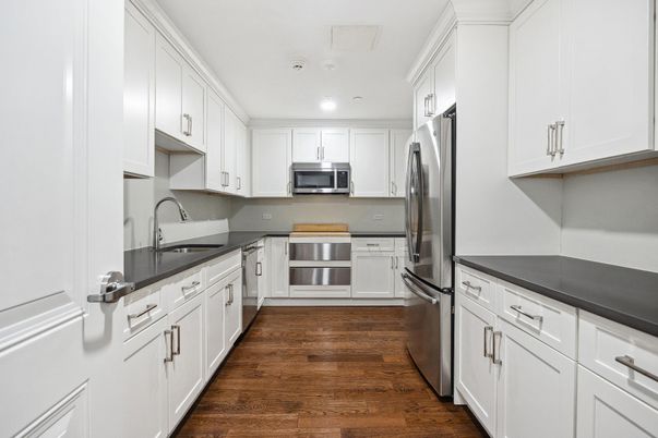 Interior, Kitchen, Recessed Lighting, Stainless Steel Appliances, Wood Texture Flooring