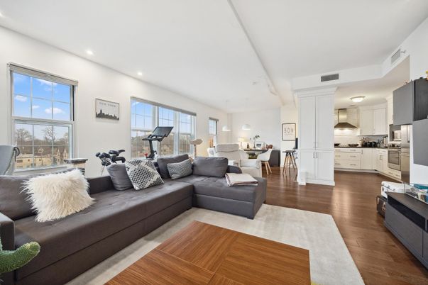 Dining room, Fitness Equipment, Interior, Kitchen, Living room, Recessed Lighting, Wood Texture Flooring