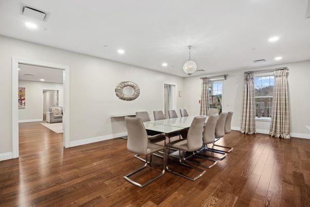 Dining room, Interior, Recessed Lighting, Wood Texture Flooring