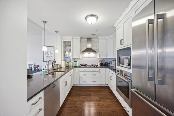 Interior, Kitchen, Pendant Lights, Stainless Steel Appliances, Wood Texture Flooring