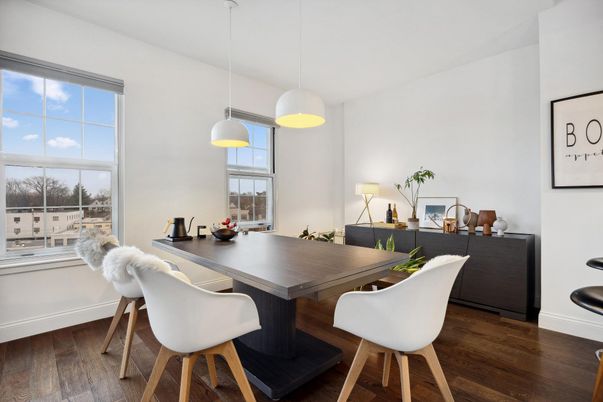 Dining room, Interior, Pendant Lights, Wood Texture Flooring