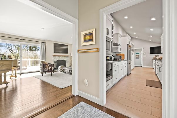 Fireplace, Interior, Kitchen, Recessed Lighting, Wood Texture Flooring
