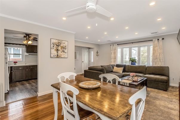 Dining room, Interior, Living room, Recessed Lighting, Wood Texture Flooring