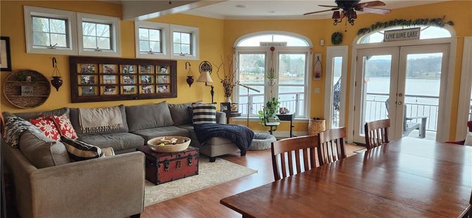 Dining room, Interior, Living room, Recessed Lighting, Wood Texture Flooring
