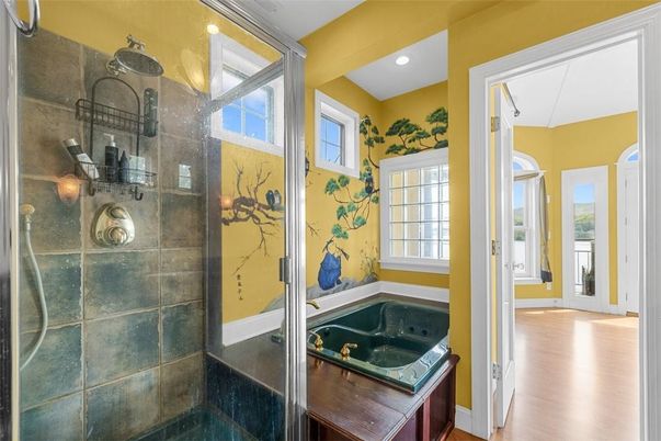Bathroom, Glass Shower, Interior, Recessed Lighting, Wood Texture Flooring