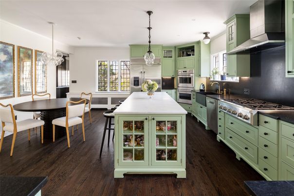 Dining room, Interior, Kitchen, Pendant Lights, Stainless Steel Appliances, Wood Texture Flooring