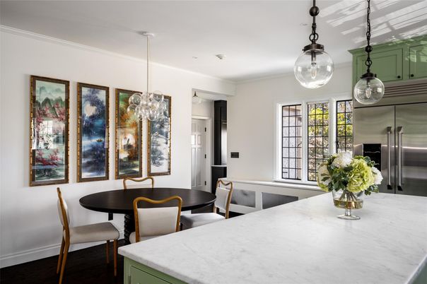 Dining room, Interior, Kitchen, Pendant Lights, Stainless Steel Appliances, Wood Texture Flooring