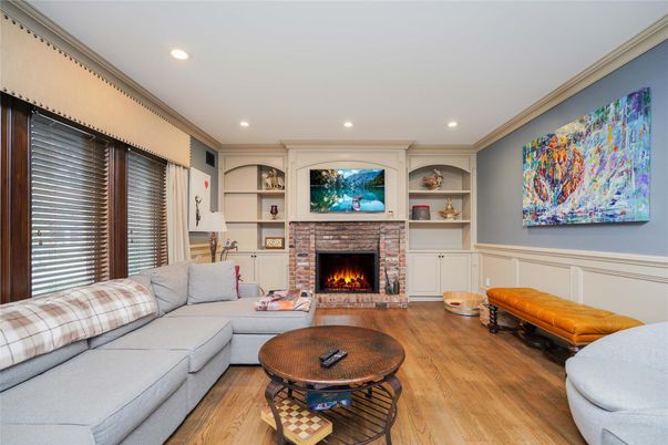 Fireplace, Interior, Living room, Recessed Lighting, Wood Texture Flooring