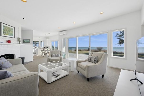 Dining room, Fireplace, Interior, Living room, Recessed Lighting, Water