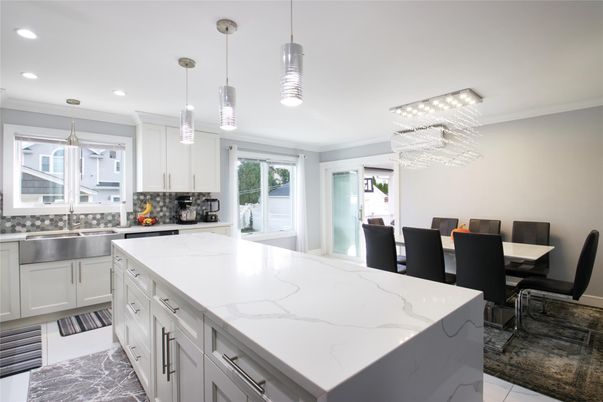 Dining room, Interior, Kitchen, Marble, Pendant Lights, Recessed Lighting, Stainless Steel Appliances