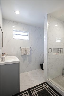 Bathroom, Glass Shower, Interior, Marble, Marble Walls, Recessed Lighting
