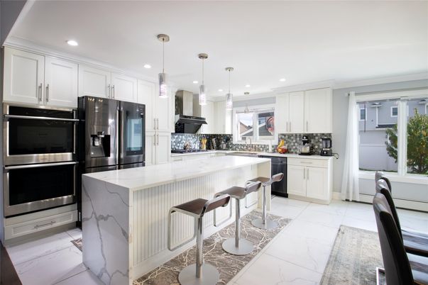 Interior, Kitchen, Marble, Pendant Lights, Recessed Lighting, Stainless Steel Appliances