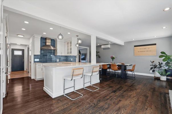 Dining room, Interior, Kitchen, Pendant Lights, Recessed Lighting, Stainless Steel Appliances, Wood Texture Flooring