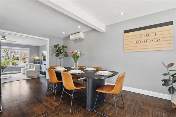Dining room, Interior, Living room, Recessed Lighting, Wood Texture Flooring