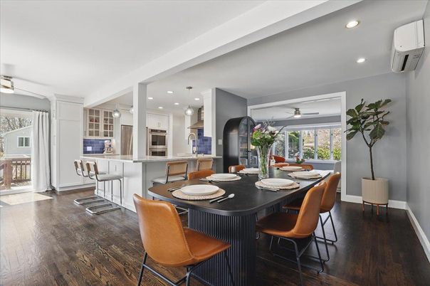Dining room, Interior, Kitchen, Pendant Lights, Recessed Lighting, Stainless Steel Appliances, Wood Texture Flooring