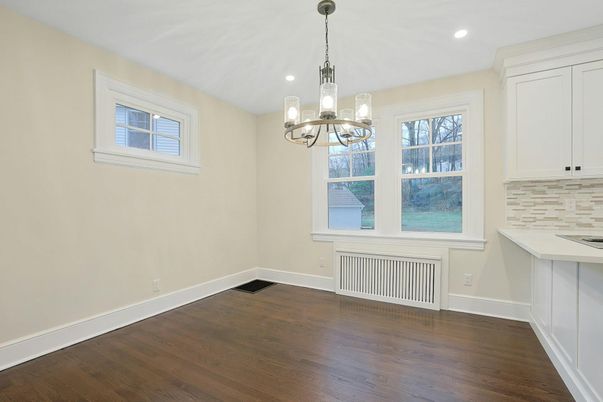 Chandelier, Empty room, Interior, Recessed Lighting, Wood Texture Flooring